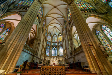 Interior view of the nave and chapel of Regensburg Cathedral, also known as St. Peter's Cathedral, a gothic cathedral in the old town district of the Bavarian city Regensburg, Germany, May 3 2024.