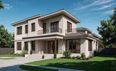 Fototapeta premium A Contemporary Dwelling with Stylish Architecture, Beautiful Exterior Design, and a Serene Garden Setting. Perfect Family Home in a Residential Neighborhood, Featuring Thoughtful Construction