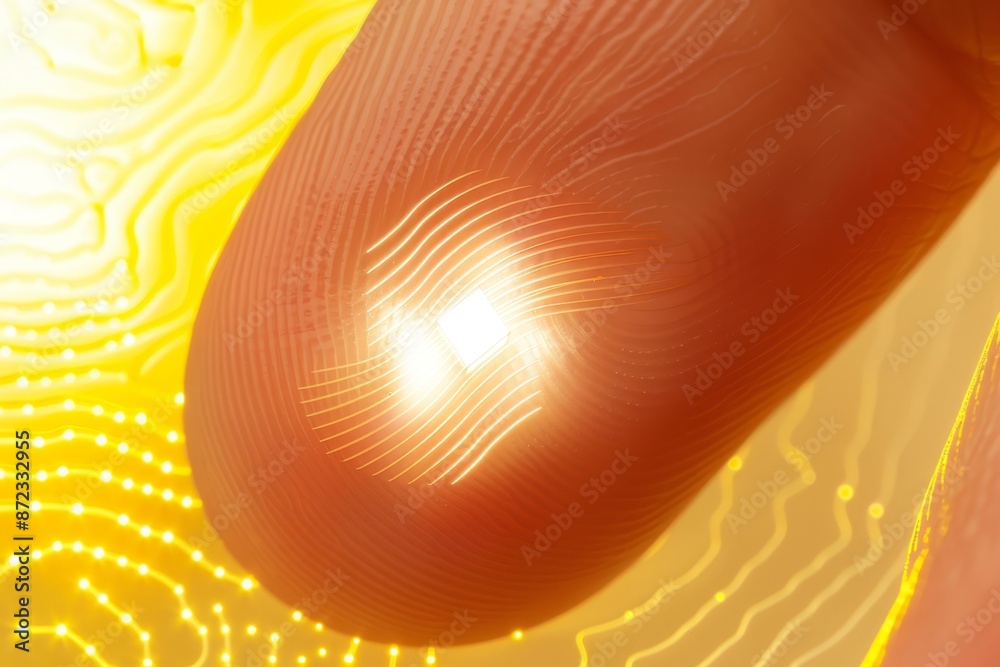 Poster Close-up of fingers holding a tiny microchip with golden circuits, emphasizing the precision and advanced technology in microelectronics