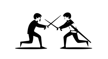 Two young soldiers in a sword fight. Fantasy character fight scene vector art isolated on a white background.