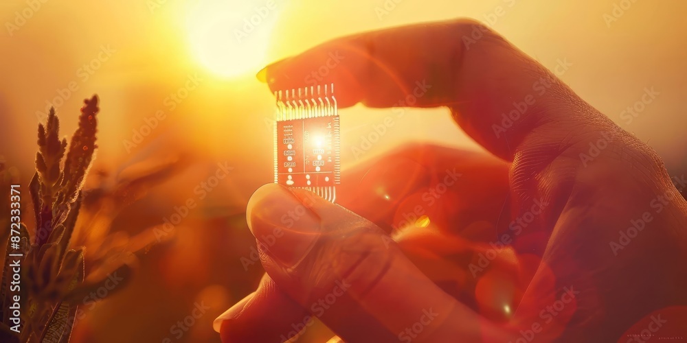 Poster close-up of a glowing nano microchip held by fingers, highlighting the advanced technology and preci