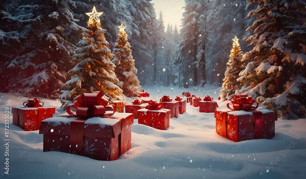 Fototapete Illuminated christmas trees with red and golden garlands into a forest with snowy flakes with shape of stars close to xmas gifts in red boxes , Generative AI illustration