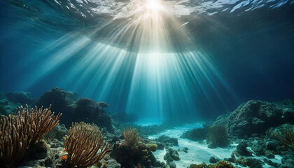 Fototapeta premium An underwater scene featuring vibrant coral reefs illuminated by beams of sunlight penetrating the ocean surface, showcasing the beauty of marine biodiversity.