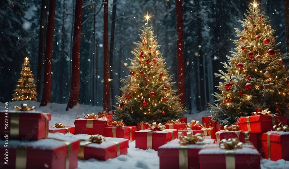 Fototapete Illuminated christmas trees with red and golden garlands into a forest with snowy flakes with shape of stars close to xmas gifts in red boxes , Generative AI illustration