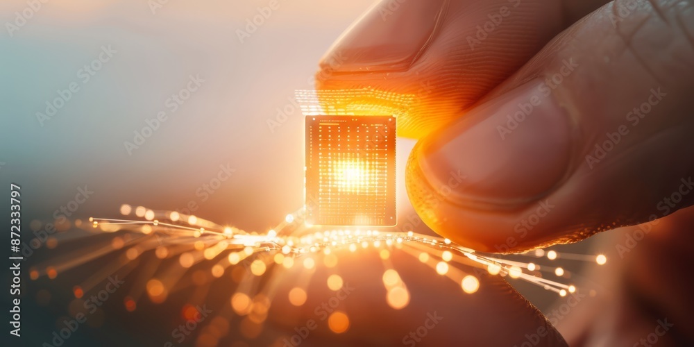 Poster Fingertip touching an illuminated microchip on a circuit board, emphasizing the integration of advanced technology and digital innovation