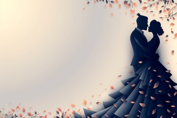 Silhouetted couple dancing with a trail of petals digital illustration representing love elegance and movement