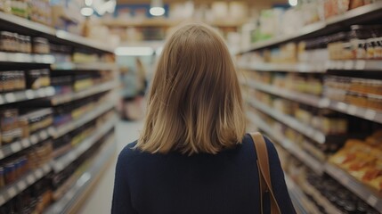 Fototapeta premium women with blonde hair seen from behind shopping in a grocery store aisle