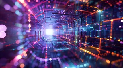 A mesmerizing abstract image depicting a futuristic neon tunnel with vibrant light patterns. The scene is illuminated by colorful, interconnected grids and glowing particles