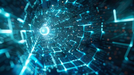 Abstract image of a futuristic cyber tunnel with glowing blue light grids. The immersive scene features dynamic, interconnected lines and digital patterns