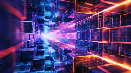 Fototapeta premium Abstract image of a vibrant futuristic tunnel with glowing neon grids and floating cubes. The dynamic scene features interconnected lines and radiant blue and pink light effects