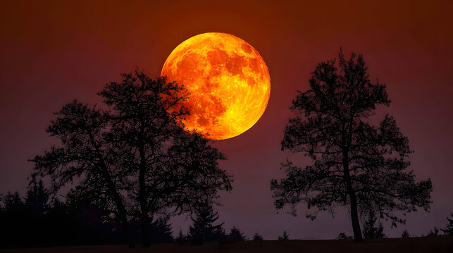 An orange moon rising behind the silhouettes of trees, creating a dramatic twilight scene with a darkening sky.