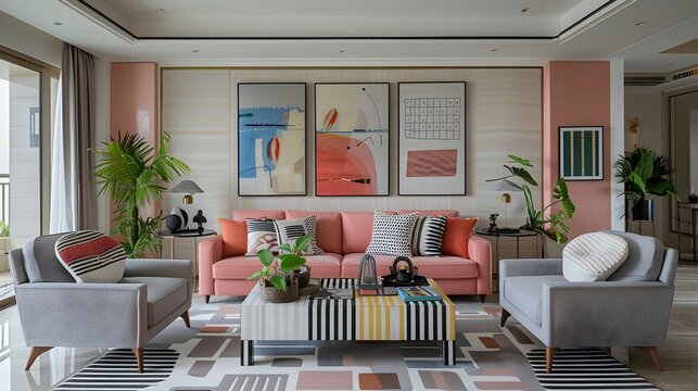 A living room with pastel pink sofas, striped coffee table and grey chairs in an Indian style apartment featuring white walls adorned with wall art in shades like red, blue, black, green, yellow, beig