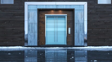 pastel blue door with sophisticated silver accents on a dark wood house, reflecting the winter's chill