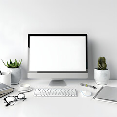 minimal stylish modern workspace with pc computer mockup and office accessories on table isolated on white background, text area, png