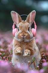 A Brown Rabbit Wearing Pink Headphones Stands in a Field of Pink Flowers
