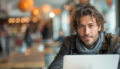 Handsome man with disheveled hair and contemplative look working on a laptop in an inviting cafe atmosphere