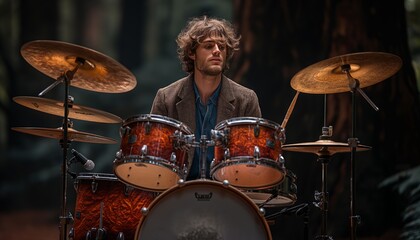 Fototapeta premium A focused young man playing drums in a forest setting displays passion for music and nature