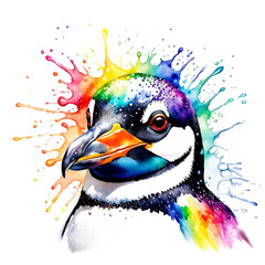 Portrait Pinguin in regenbogen bunten Wasserfarben mit Spritzern und Kleksen vor einem weißen Hintergrund, wild lebende Tiere der Arktis, Antarktis Eismeer Nordpol Zoo Tierpark