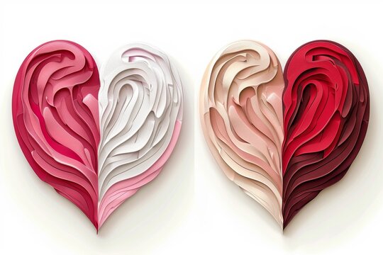 Heart shaped objects in red and pink hues modern and sleek digital illustration representing love and unity in a vibrant design