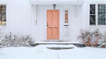 pastel peach door with elegant styling on a minimalist white house, warm and welcoming on a snowy morning