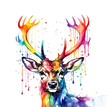 Portrait Hirsch Bulle mit Geweih in regenbogen bunten Wasserfarben mit Spritzern und Kleksen vor einem wei&szlig;en Hintergrund, wild lebende Tiere Europa Nordamerika Nationalpark Zoo Tierpark Wildnis