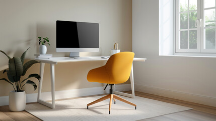 A stylish home office setup with a minimalist desk, ergonomic chair, and large monitor