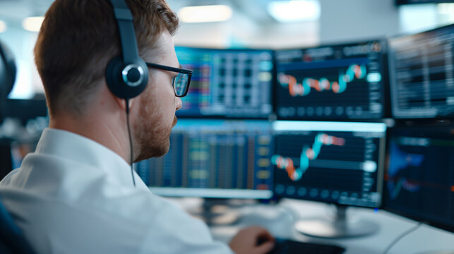 A financial trading floor with multiple monitors displaying stock market data