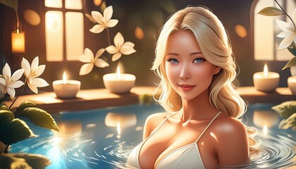 portrait of a blonde woman in white bikini relaxing in the pool of  the spa salon
