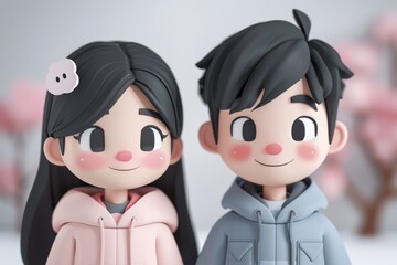 Adorable cartoon couple with pink and blue outfits digital illustration capturing love and innocence with a playful and charming style
