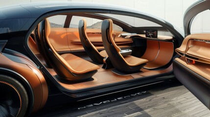 A close-up shot of the interior of a modern luxury car with an open door, showcasing the luxurious leather seats and sleek design.