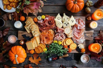 A Halloween-themed charcuterie board with ghost cheese, prosciutto, and autumn leaves