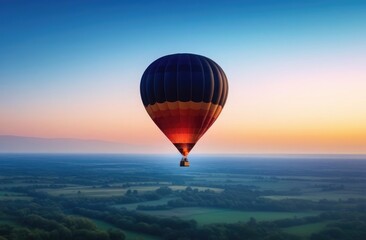 Naklejka premium Banner. People fly in hot air balloons over a field at sunset. Active recreation concept.