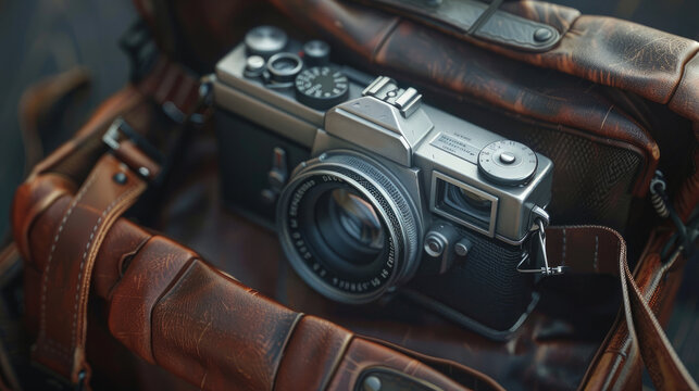 Close-up of a retro photo camera in a leather bag