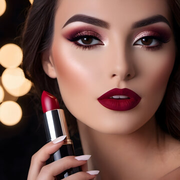 Close-up cara de mujer maquillada sujetando un pintalabios