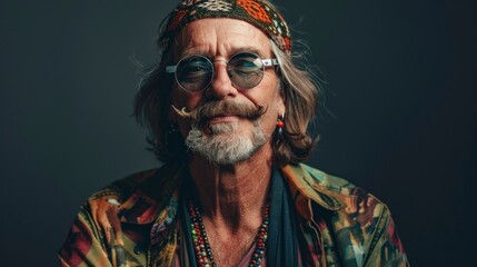 portrait of a hippie senior man on gray background