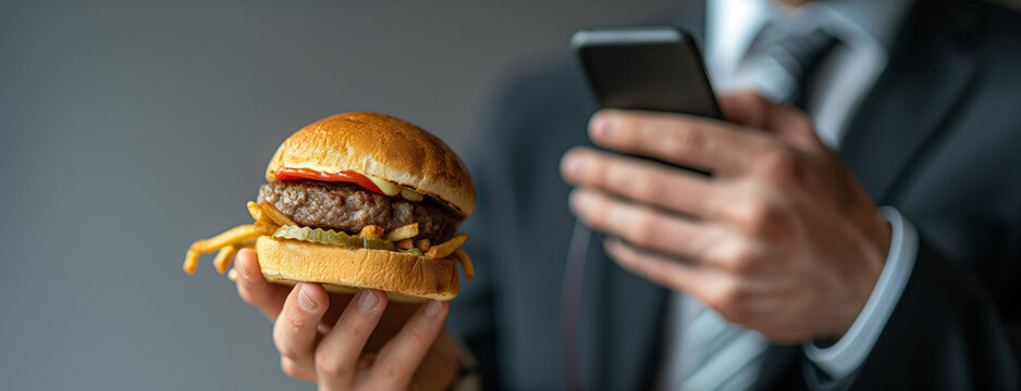A businessman in a suit is holding a hamburger in one hand and using a smartphone with the other, symbolizing the fast-paced nature of corporate life and multitasking.