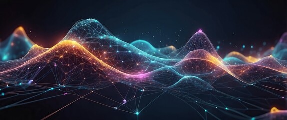 Abstract digital landscape with glowing lines and nodes, representing data and network connections  Ideal for technology, AI, and futuristic concepts