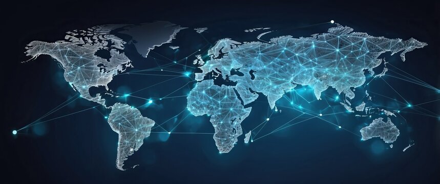 A digital, global network map glowing with interconnected nodes, illustrating international communication, data exchange, and technological connectivity