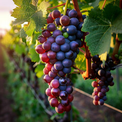 Fototapeta premium In a sun-drenched vineyard, vibrant clusters of ripe grapes hang from the vines, promising the rich flavors of summer's bounty captured in each plump fruit.