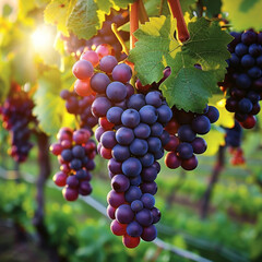 In a sun-drenched vineyard, vibrant clusters of ripe grapes hang from the vines, promising the rich flavors of summer's bounty captured in each plump fruit.