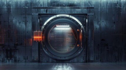 A large, metal vault door with a glowing, circular opening is shown in a dark, industrial setting. The door appears to be locked, with a red glow coming from the side.