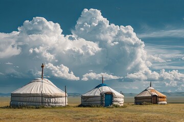 A group of Mongolian yurts on the steppe.