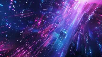 bakcground dynamic blue and purple lights, giving the impression of being enveloped in a stream of photons. 