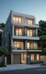 Fototapeta premium A Contemporary Dwelling with Stylish Architecture, Beautiful Exterior Design, and a Serene Garden Setting. Perfect Family Home in a Residential Neighborhood, Featuring Thoughtful Construction
