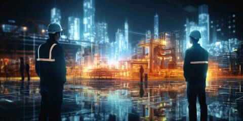 Futuristic technology concept: Team of engineers and professional Workers in heavy industry manufacturing factory that is digitalized with graphics into digital twin of industry