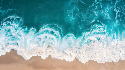Fototapeta premium Top view of ocean waves crashing on the sandy beach with turquoise water, perfect for summer backgrounds, vacation ads, and travel promotions.