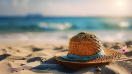 Close-up of a straw hat on a sunny beach with ocean waves in the background, ideal for summer, vacation, and travel themes. Copy space available.