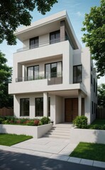Fototapeta premium A Contemporary Dwelling with Stylish Architecture, Beautiful Exterior Design, and a Serene Garden Setting. Perfect Family Home in a Residential Neighborhood, Featuring Thoughtful Construction