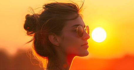 Side view portrait of a beautiful girl with sunglasses in front of the sun at sunset, conveying summer concepts and a serene atmosphere. Contains ample copy space.