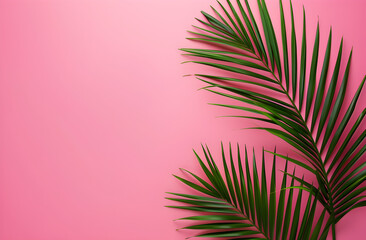 A tropical green palm leaf on a pink background; minimal summer backdrop with copyspace. Ideal for summer holiday designs and refreshing, bright marketing materials.